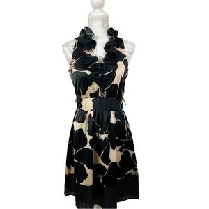 White House Black Market Size 2 Ruffle Halter Cocktail Floral Satin Dress.